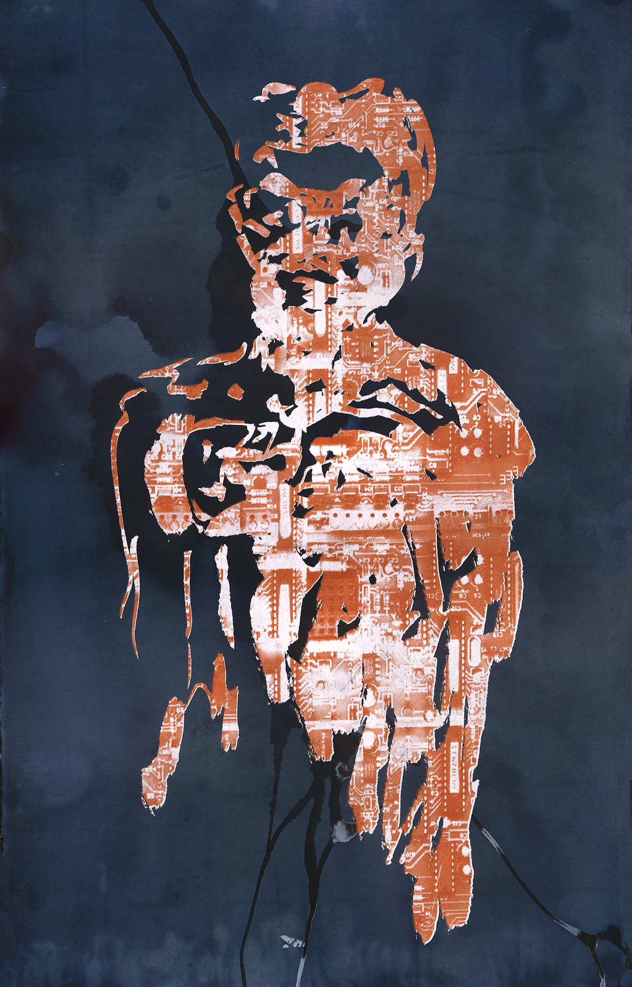 A stylized figure composed of circuit board patterns in shades of orange and white, with sections of the body appearing fragmented, set against a dark, moody background, blending human and technological elements.