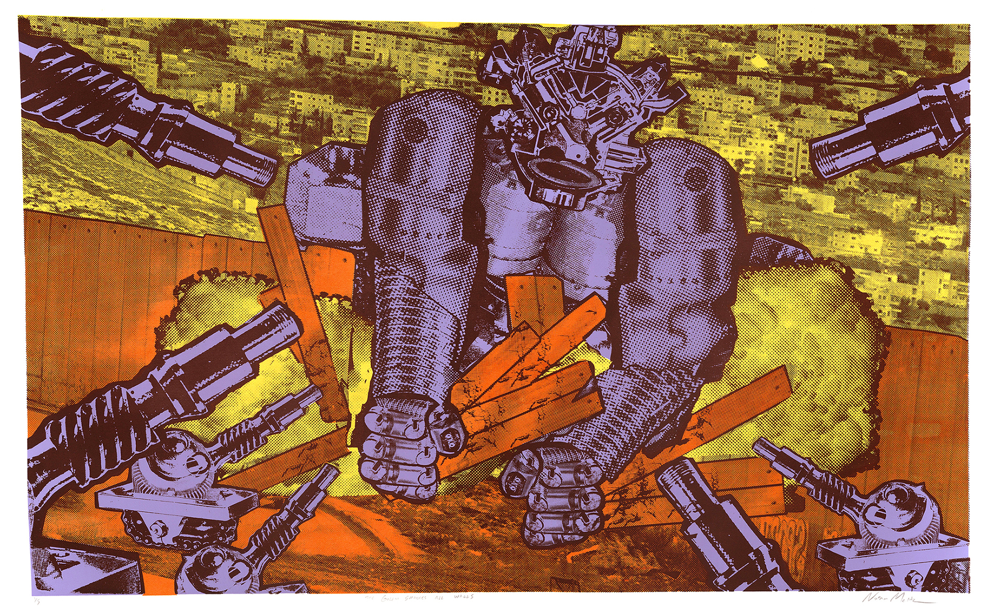 A dynamic artwork featuring a large robotic figure in the center, surrounded by industrial machinery and mechanical arms, with a background of urban landscapes in contrasting yellow, orange, and green tones, evoking themes of technology, construction, and destruction.