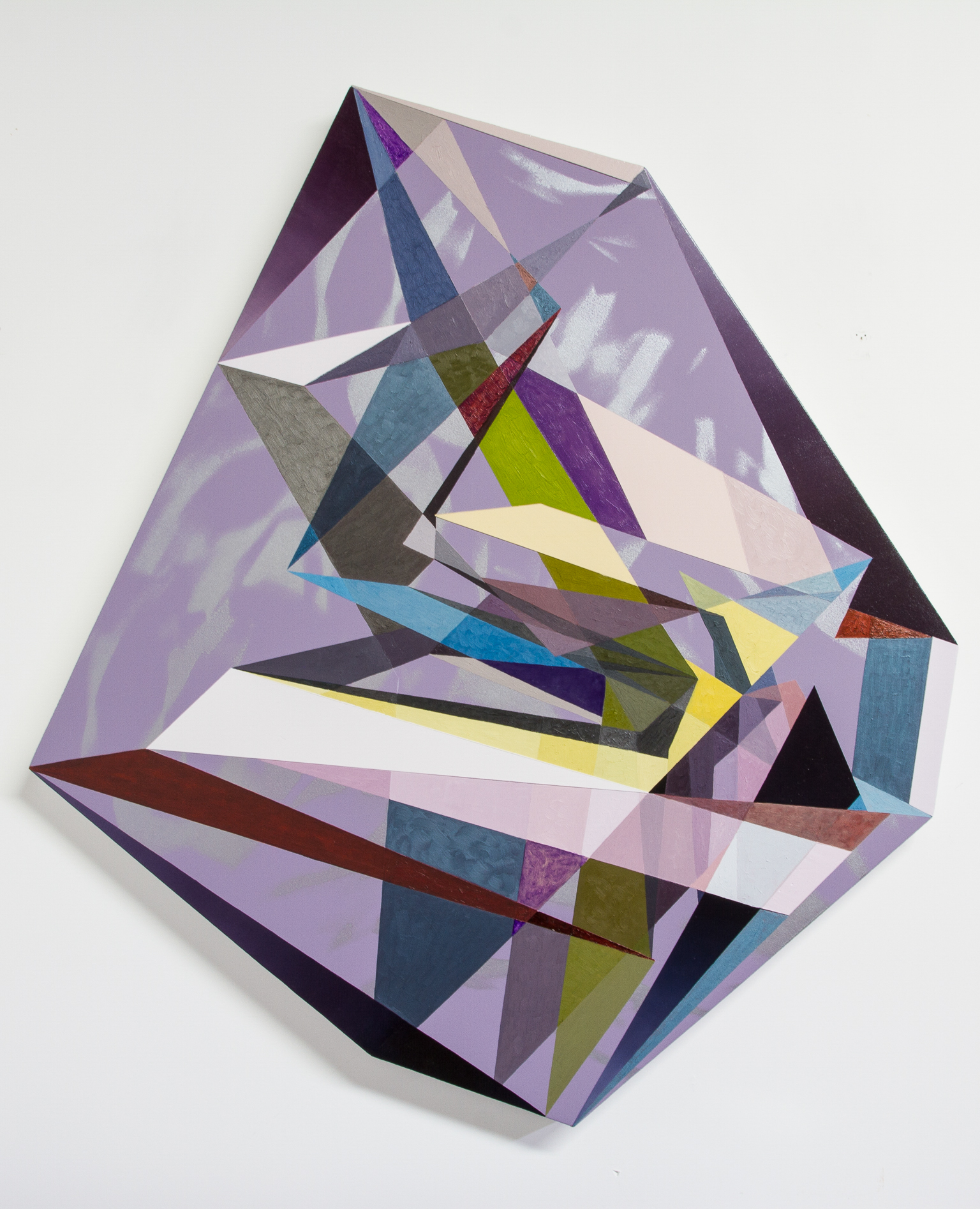 An abstract geometric painting featuring overlapping triangular shapes in various shades of purple, green, blue, and yellow, creating a multifaceted, crystal-like form with dynamic angles and planes.