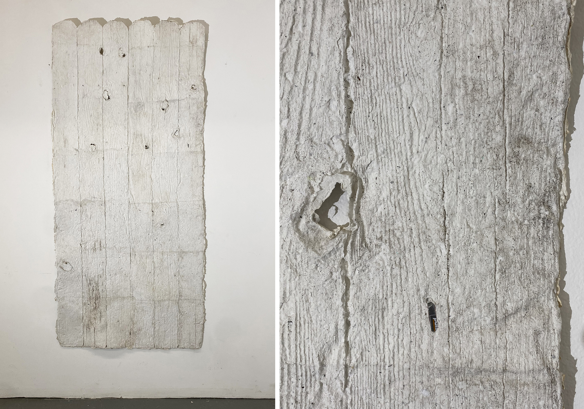 A tall, textured panel resembling weathered wooden planks, featuring cracks and knots, with close-up details highlighting its rough surface.