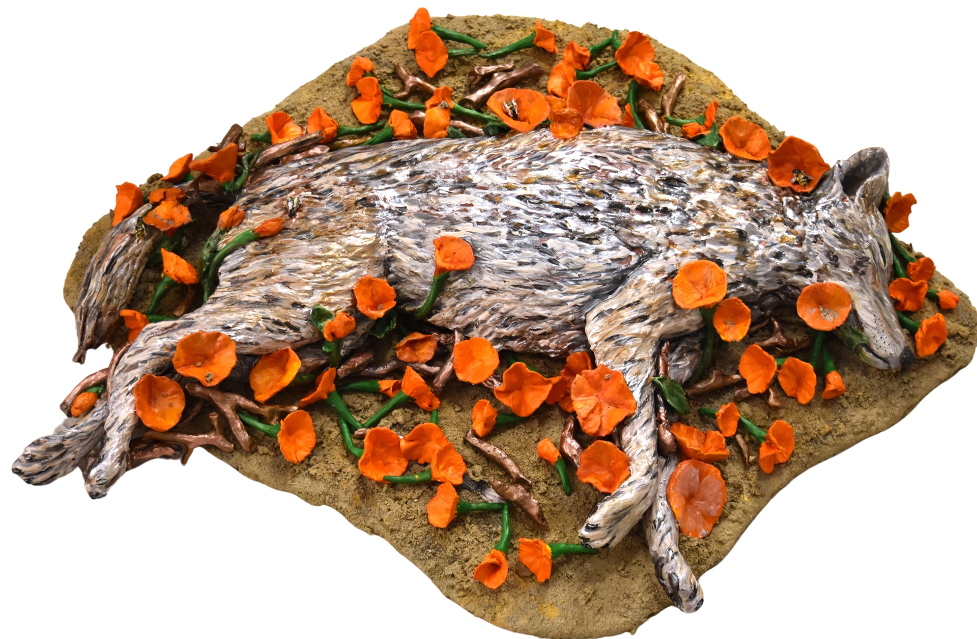 A sculptural artwork of a resting coyote surrounded by vibrant orange poppies, set on a textured, earthy surface, blending natural and organic elements.