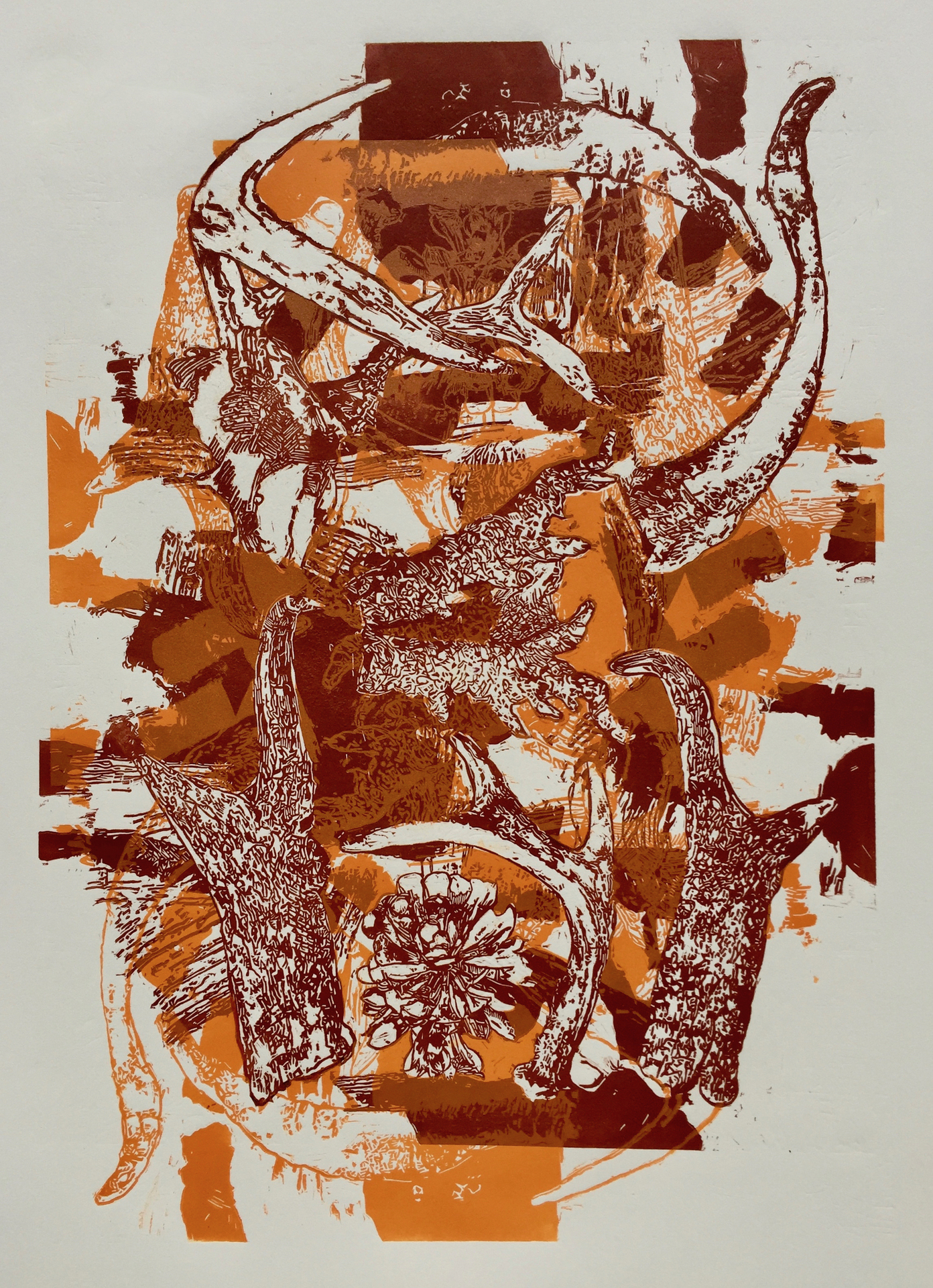 A layered composition in warm orange and red tones, depicting abstract organic shapes that resemble twisted branches, horns, and natural textures, arranged in a dynamic, collage-like pattern.