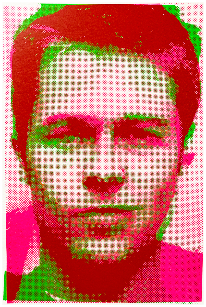 A halftone portrait of a man in bright neon colors, predominantly red, green, and pink, creating a retro pop-art effect.