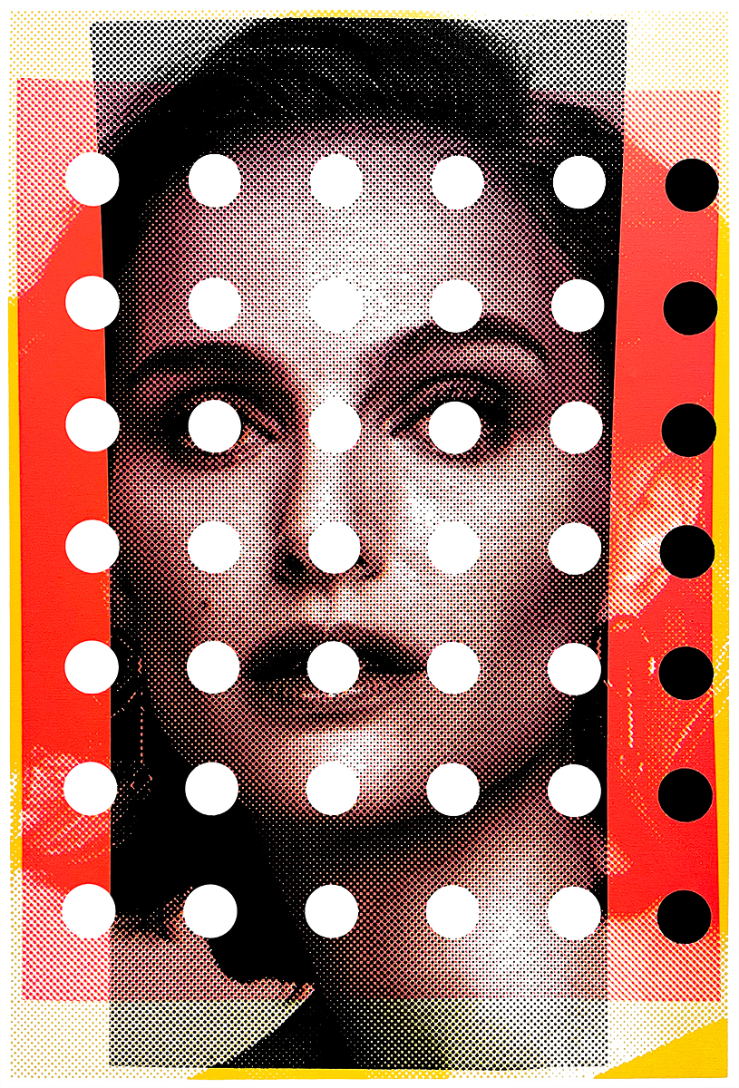 A stylized portrait of a woman overlaid with large white polka dots, with a background of red and yellow shapes.