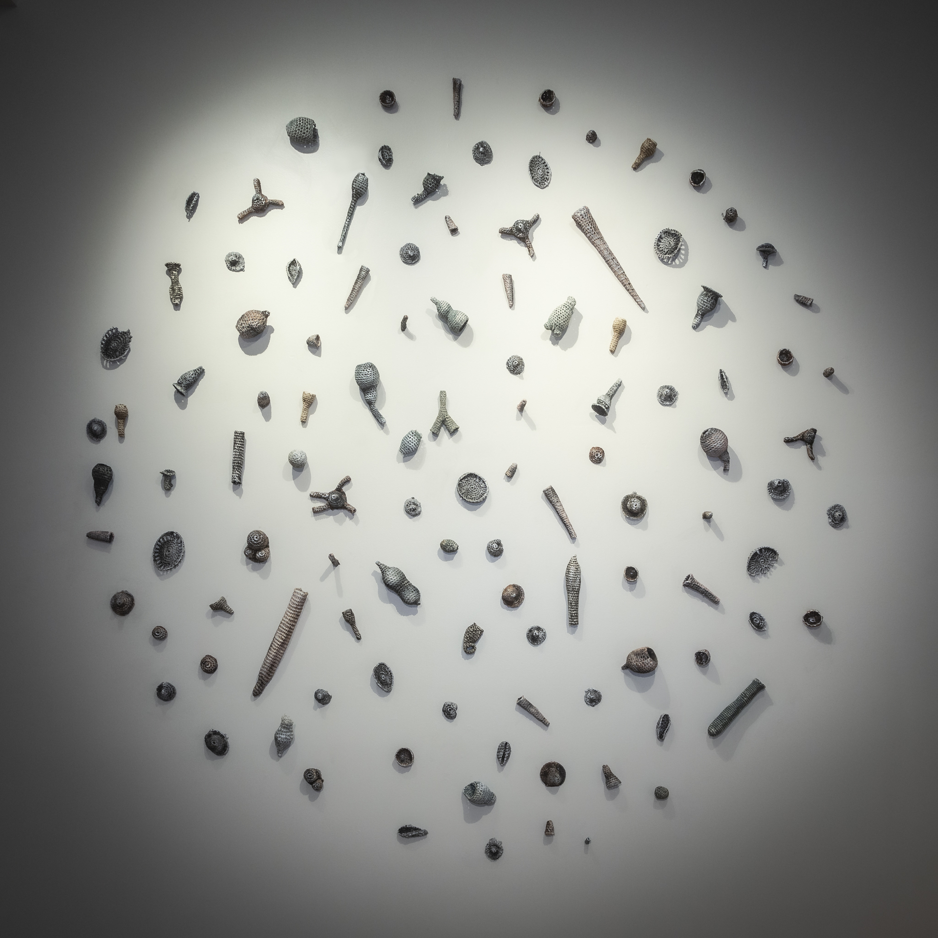 A circular wall installation with numerous small, irregularly shaped objects scattered across a white background, lit from above.