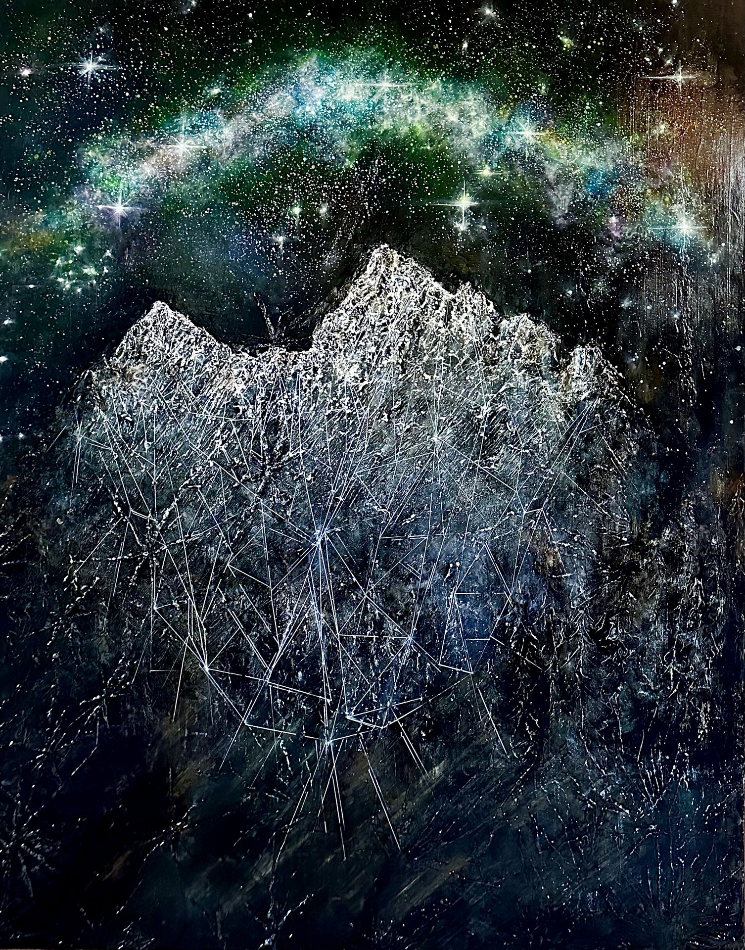 A textured abstract scene of a starry night sky with a vibrant galaxy arching above rugged, mountainous shapes outlined in silvery lines.