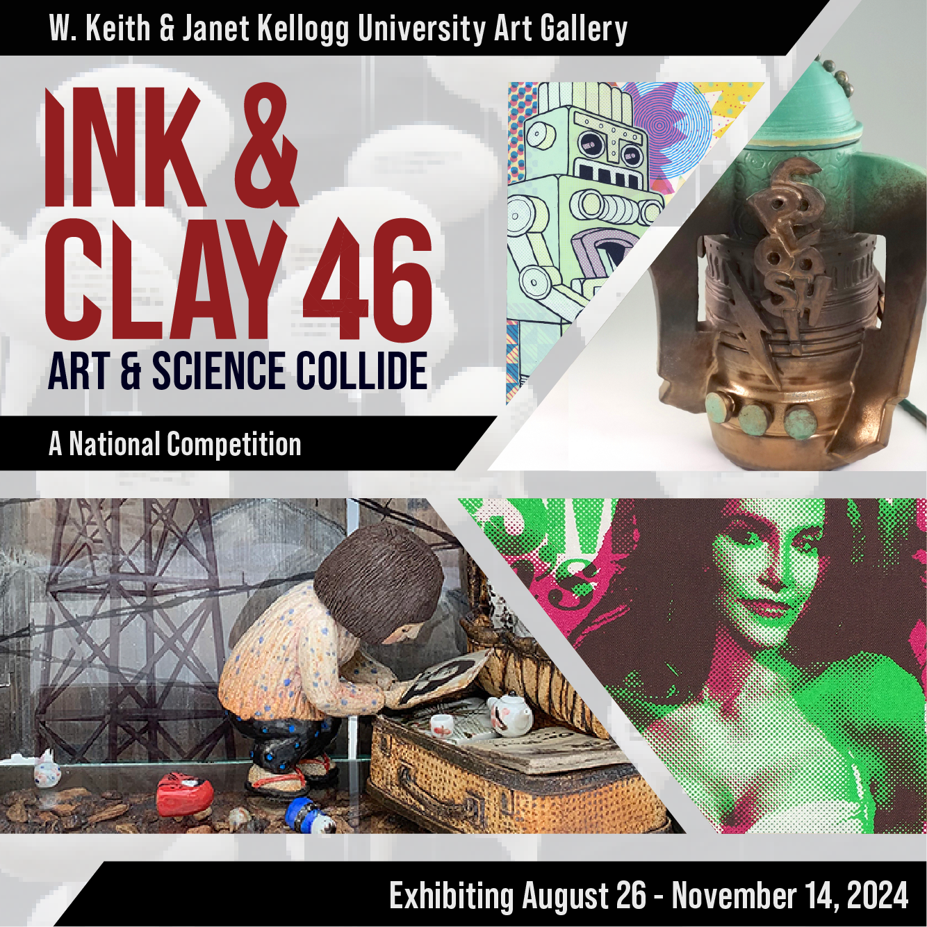 a promo image for ink and clay 46 art and science collide is shown. On the image there is a green and red dotted artpop woman, a green toy robot with a multicolor stylized background, a bronze and teal statue of a little rocket in a tommorwland 60s future appearance, and an image of a clay girl with brown hair, an orange shirt, black pants with blue dots, and red flip flops picking up a clay painting of a woman. Text on image says : Ink & Clay 46: Art and Science Collide: A National Competition: Exhibiting August 24th to November 14th, 2024. 