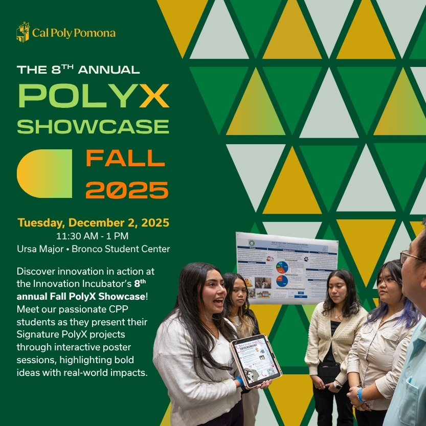 Picture of a student hanging their research poster during the PolyX Showcase, where students can present their research projects and connect with professionals at CPP.
