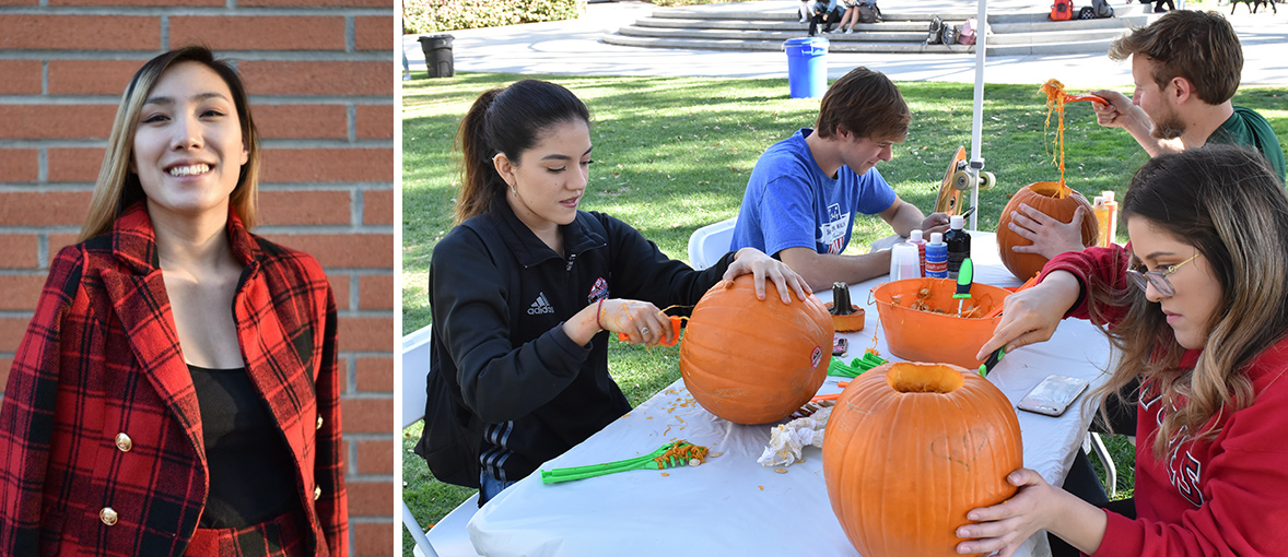 picture of Keshet Weinstein and a halloween pumpkin carving activity 