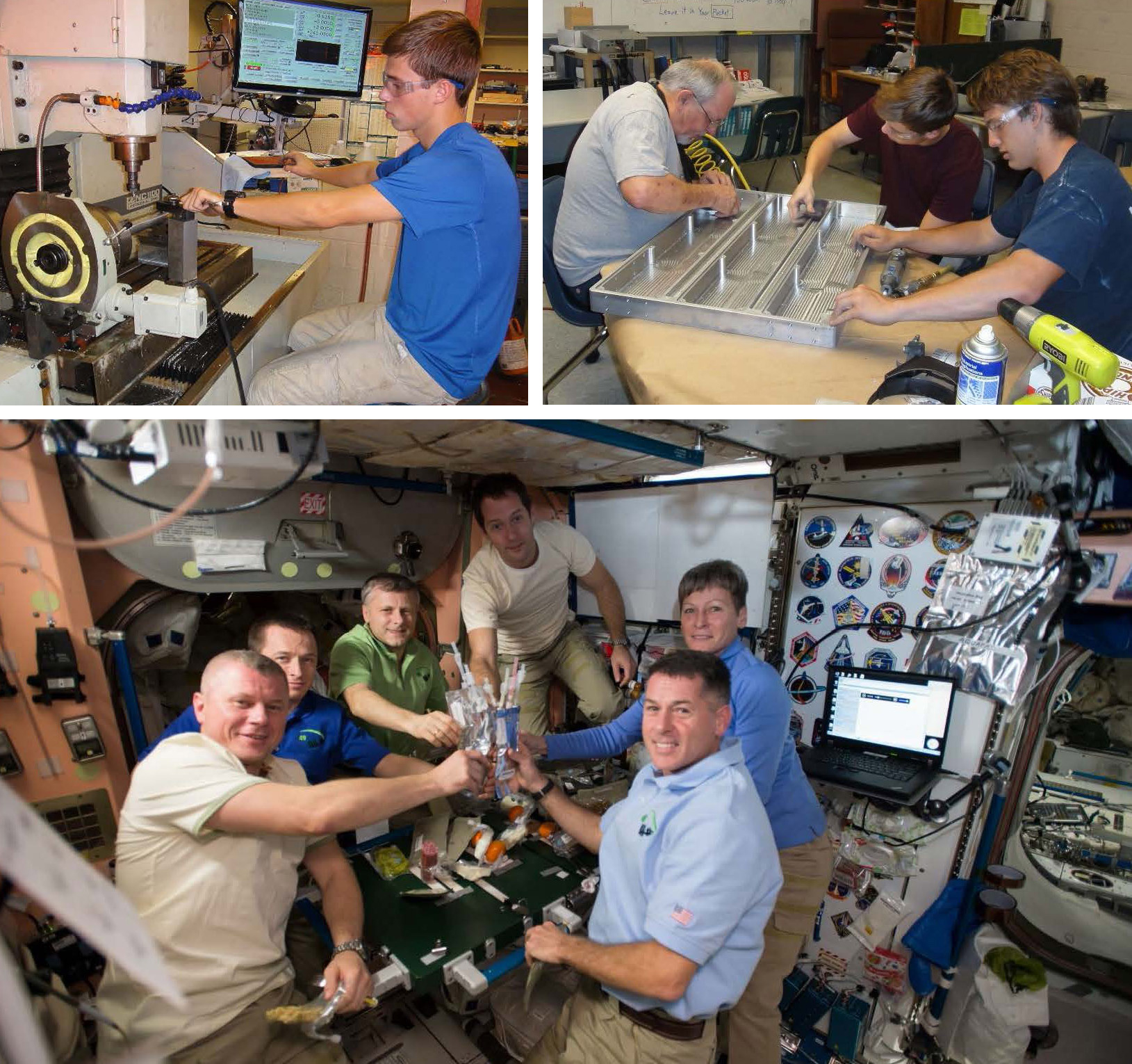 astronauts on the ISS enjoy a thanksgiving dinner on a table designed and built by Texas high school students