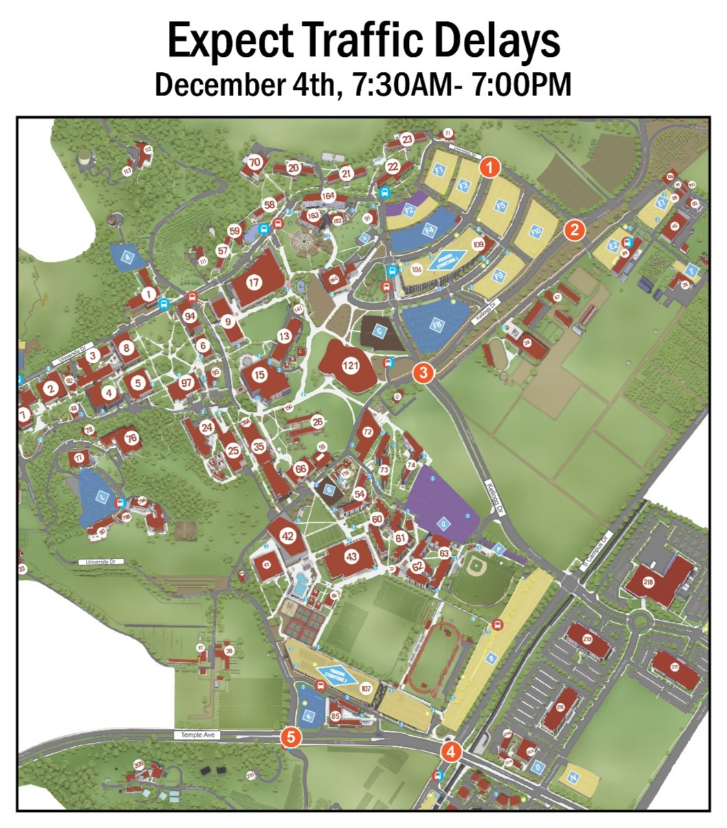 Expect Traffic Delays December 4th, 7:30 a.m. - 7 p.m. campus map