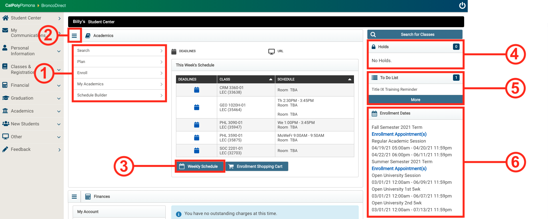 Screenshot of the student center with 6 sections numbered