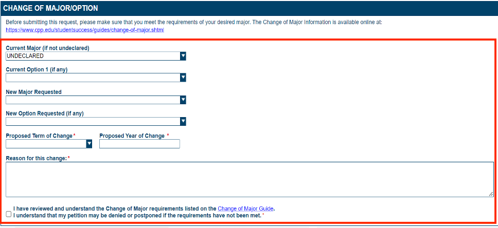 Screenshot of Change of Major/Option section