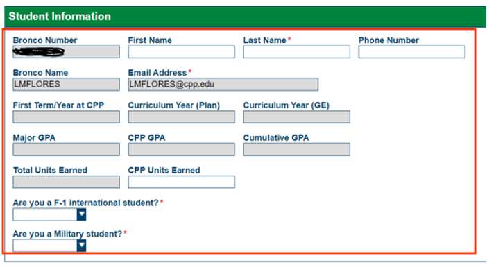 Screenshot of Student Information Section