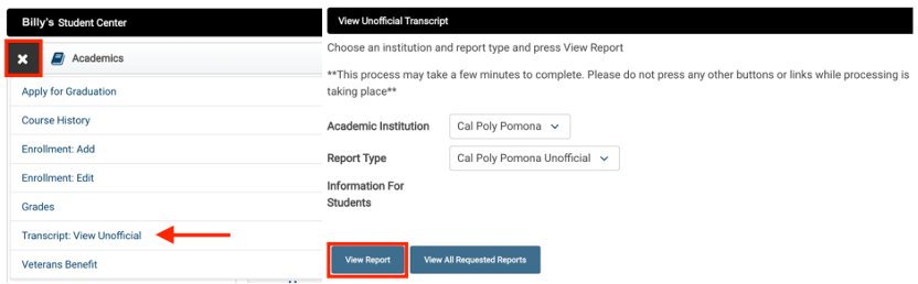 Screenshot of Academics menu in BroncoDirect Student Center with red box highlighting transcript link